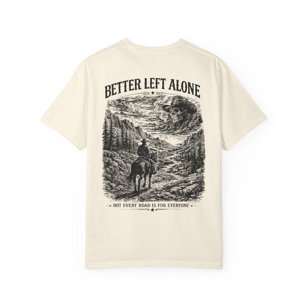 Beige t-shirt with graphic design and text on a white background